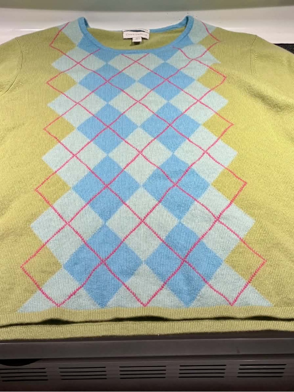 Charter Club Light Green Argyle Crewneck Sweater with Blue and Pink Accents